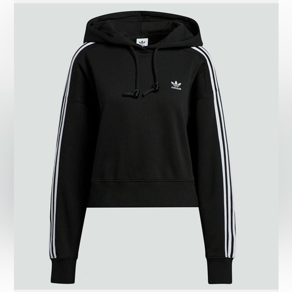 adidas Originals Womens Adicolor Classics Cropped Hoodie Black 3-Stripes - Picture 2 of 12